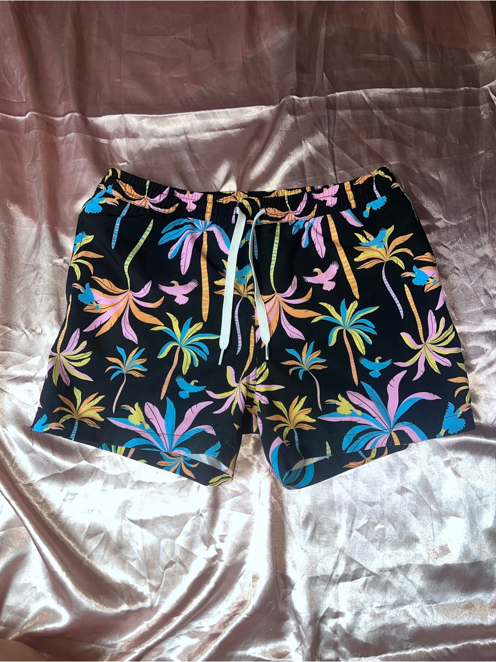 chubbies Black Swim Trunks with Pink, Blue, Yellow & Green Tropical Palm Print